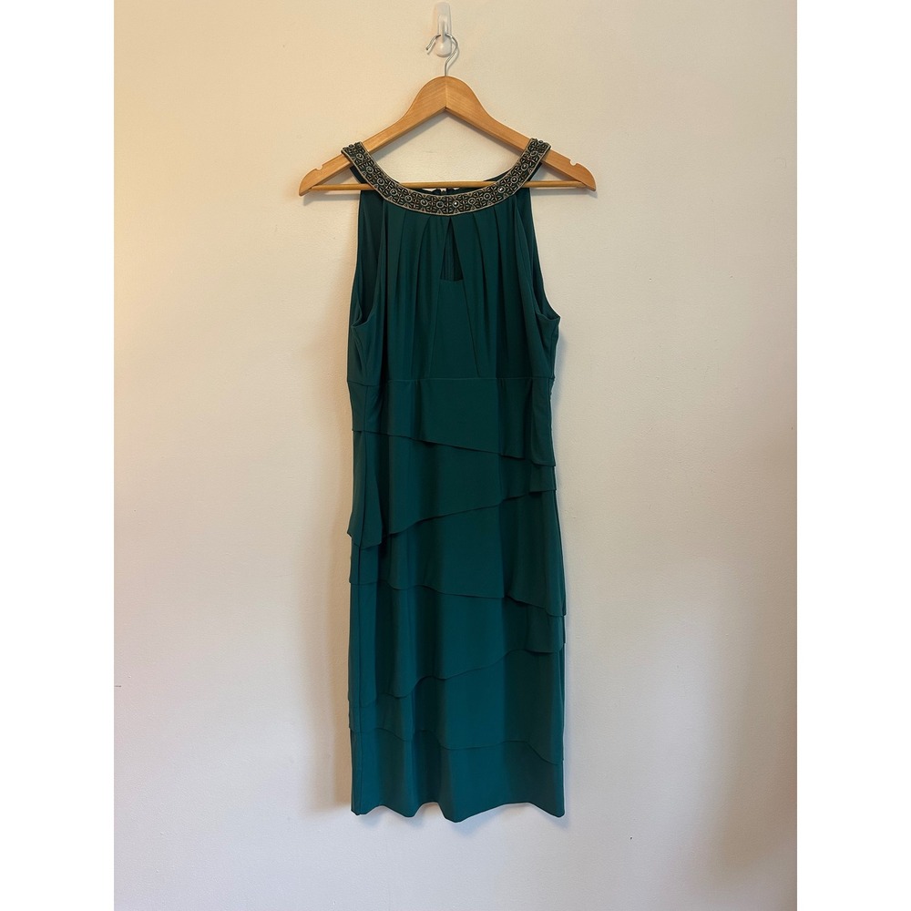 White House Black Market Forest Green Tiered Embellished Halter Dress | Size 14